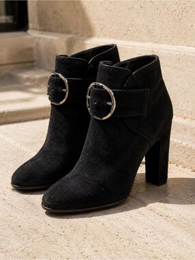 Prada Black Suede Ankle Boots Silver Buckle Block Heel EU 38.5 / US 8